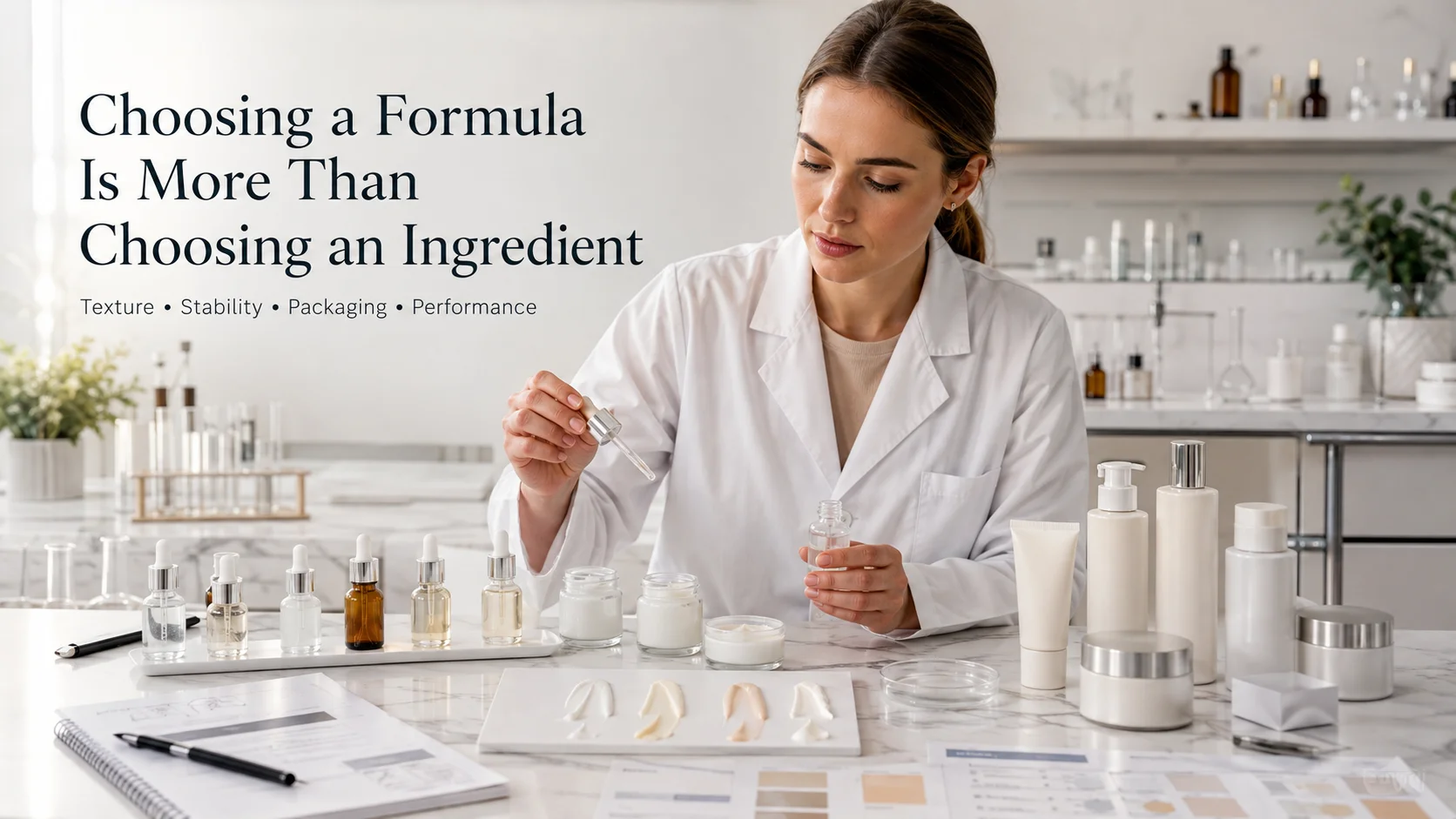 Female scientist in a lab coat testing cosmetic formulations using a dropper, surrounded by cosmetic bottles, jars, and testing equipment on a laboratory counter.